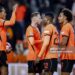 Netherlands' forward #09 Joshua Zirkzee (R) celebrates scoring his team's second goal with teammates during the UEFA Nations League football Group A2 match between the Netherlands and Serbia (Photo by Koen van Weel / ANP / AFP via Getty Images) / Netherlands OUT
