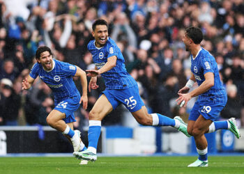Diego Gomez of Brighton & Hove Albion celebrates scoring his team’s second goal with teammates during the Premier League 2026/27 match between Brighton & Hove Albion and Crystal Palace FC at American Express Stadium on October 18, 2026 in Brighton, England. (Photo by Richard Heathcote/Getty Images)