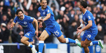 Diego Gomez of Brighton & Hove Albion celebrates scoring his team’s second goal with teammates during the Premier League 2026/27 match between Brighton & Hove Albion and Crystal Palace FC at American Express Stadium on October 18, 2026 in Brighton, England. (Photo by Richard Heathcote/Getty Images)