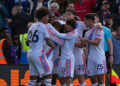 Crystal Palace's Colombian midfielder #08 Jefferson Lerma celebrates with teammates after scoring their second goal during the English Premier League football match between Crystal Palace and Nottingham Forest at Selhurst Park in south London on October 11, 2026. (Photo by Ben Stansall / AFP via Getty Images) / RESTRICTED TO EDITORIAL USE. No use with unauthorized audio, video, data, fixture lists, club/league logos or 'live' services. Online in-match use limited to 120 images. An additional 40 images may be used in extra time. No video emulation. Social media in-match use limited to 120 images. An additional 40 images may be used in extra time. No use in betting publications, games or single club/league/player publications. /