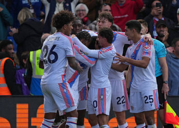 Crystal Palace's Colombian midfielder #08 Jefferson Lerma celebrates with teammates after scoring their second goal during the English Premier League football match between Crystal Palace and Nottingham Forest at Selhurst Park in south London on October 11, 2026. (Photo by Ben Stansall / AFP via Getty Images) / RESTRICTED TO EDITORIAL USE. No use with unauthorized audio, video, data, fixture lists, club/league logos or 'live' services. Online in-match use limited to 120 images. An additional 40 images may be used in extra time. No video emulation. Social media in-match use limited to 120 images. An additional 40 images may be used in extra time. No use in betting publications, games or single club/league/player publications. /