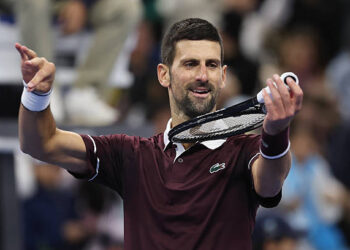 Novak Djokovic of Serbia celebrates after winning the Men's Singles quarterfinal match against Alexander Zverev of Germany on day five of China Open at the National Tennis Center on October 04, 2026 in Beijing, China. (Photo by Lintao Zhang/Getty Images)