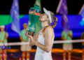 NINGBO, CHINA - OCTOBER 19: Champion Elena Rybakina of Kazakhstan celebrates with the trophy after winning the Women's Singles Final match against Ekaterina Alexandrova on day 7 of 2025 Ningbo Open at the Ningbo (Yinzhou) Tennis Center on October 19, 2025 in Ningbo, Zhejiang Province of China. (Photo by Xiao Jian/China News Service/VCG via Getty Images)