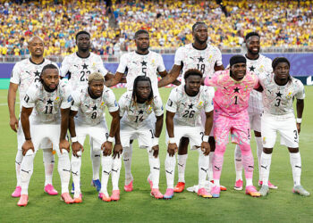 Ghana's players pose for the team photo ahead of the 2026 World Cup round of 32 football match between Colombia and Ghana at the Kansas City Stadium in Kansas City on July 3, 2026.  (Photo by Odd ANDERSEN / AFP via Getty Images)