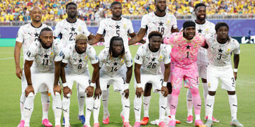 Ghana's players pose for the team photo ahead of the 2026 World Cup round of 32 football match between Colombia and Ghana at the Kansas City Stadium in Kansas City on July 3, 2026.  (Photo by Odd ANDERSEN / AFP via Getty Images)