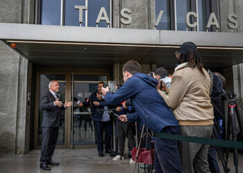 Court of Arbitration of Sport (CAS) director general Matthieu Reeb speaks to media during a hearing on Senegal's appeal against Morocco following a chaotic Africa Cup of Nations football final, in Lausanne on October 8, 2026. Nearly ten months after a chaotic Africa Cup of Nations final, the dispute is set to reach its conclusion in Lausanne, where the Court of Arbitration for Sport (CAS) will hear Senegal's appeal against Morocco being awarded the title. Senegal had initially won the January 18 final 1-0 after extra time, in a match marred by a lengthy walk-off over a controversial late penalty. (Photo by Fabrice COFFRINI / AFP via Getty Images)