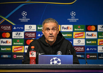 Paris Saint-Germain's Spanish head coach Luis Enrique attends a press conference at the Etihad Stadium in Manchester, north-west England, on October 13, 2026, on the eve of their UEFA Champions League, league phase football match against Manchester City. (Photo by Oli SCARFF / AFP via Getty Images)