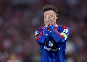 MADRID, SPAIN - OCTOBER 13: Bruno Fernandes of Manchester United reacts as he fails to score during the UEFA Champions League 2026/27 League Phase MD2 match between Atletico de Madrid and Manchester United at Riyadh Air Metropolitano on October 13, 2026 in Madrid, Spain. (Photo by Alvaro Medranda/Quality Sport Images/Getty Images)