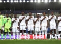 RABAT, MOROCCO - OCTOBER 18: Players of Ghana stand for the national anthem before the FIFA U17 Women's World Cup Group C match between Norway and Ghana at the Mohammed VI Football Complex on October 18, 2026 in Rabat, Morocco. (Photo by Judit Cartiel - FIFA/FIFA via Getty Images)