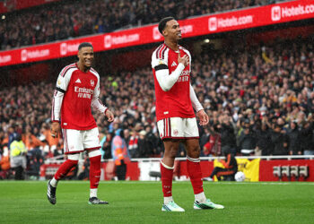 LONDON, ENGLAND - OCTOBER 24: Gabriel of Arsenal celebrates scoring his team’s second goal with teammate Ezri Konsa of Arsenal during the Premier League 2026/27 match between Arsenal FC and Everton at Emirates Stadium on October 24, 2026 in London, England. (Photo by Julian Finney/Getty Images)