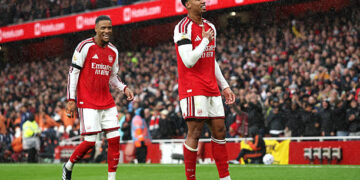 LONDON, ENGLAND - OCTOBER 24: Gabriel of Arsenal celebrates scoring his team’s second goal with teammate Ezri Konsa of Arsenal during the Premier League 2026/27 match between Arsenal FC and Everton at Emirates Stadium on October 24, 2026 in London, England. (Photo by Julian Finney/Getty Images)