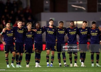Arsenal players line up for the penalty shootout during the Carabao Cup Fourth Round match between Fleetwood Town and Arsenal (Photo by Carl Recine/Getty Images)