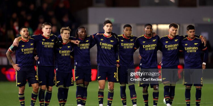 Arsenal players line up for the penalty shootout during the Carabao Cup Fourth Round match between Fleetwood Town and Arsenal (Photo by Carl Recine/Getty Images)