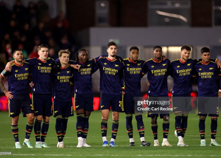 Arsenal players line up for the penalty shootout during the Carabao Cup Fourth Round match between Fleetwood Town and Arsenal (Photo by Carl Recine/Getty Images)