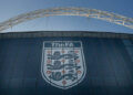 Banner promoting the FA of the side of Wembley Stadium in London, UK. (Photo by ben radford/Corbis via Getty Images)