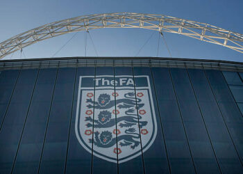 Banner promoting the FA of the side of Wembley Stadium in London, UK. (Photo by ben radford/Corbis via Getty Images)
