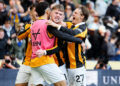 Mohamed Belloumi, Joe Gelhardt and Regan Slater of Hull City celebrate 1st goal during the Premier League 2026/27 match between Hull City and Everton at MKM Stadium on October 11, 2026 in Hull, United Kingdom. (Photo by Richard Sellers/Sportsphoto/Allstar via Getty Images)