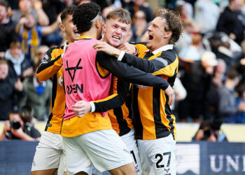 Mohamed Belloumi, Joe Gelhardt and Regan Slater of Hull City celebrate 1st goal during the Premier League 2026/27 match between Hull City and Everton at MKM Stadium on October 11, 2026 in Hull, United Kingdom. (Photo by Richard Sellers/Sportsphoto/Allstar via Getty Images)