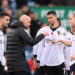 Cristiano Ronaldo of Manchester United listens as manager Erik ten Hag gives instructions in the centre circle of the pitch prior to the second half starting during the Premier League match between Aston Villa and Manchester United at Villa Park on November 06, 2022 in Birmingham, England. (Photo by Stu Forster/Getty Images)