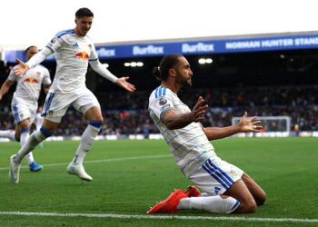 Dominic Calvert-Lewin of Leeds United celebrates scoring his team’s first goal during the Premier League 2026/27 match between Leeds United and Manchester United at Elland Road on October 18, 2026 in Leeds, England. (Photo by Stu Forster/Getty Images)