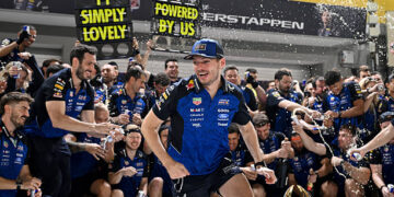 Race winner Max Verstappen of the Netherlands and Oracle Red Bull Racing and the Oracle Red Bull Racing team celebrate during the F1 Grand Prix of Singapore at Marina Bay Street Circuit on October 11, 2026 in Singapore, Singapore. (Photo by Sam Bagnall/Sutton Images)