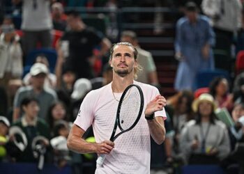 Germany's Alexander Zverev celebrates after winning against France's Quentin Halys during their men's singles match at the Shanghai Masters tennis tournament in Shanghai on October 11, 2026. (Photo by Hector RETAMAL / AFP via Getty Images)