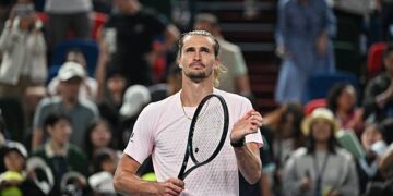 Germany's Alexander Zverev celebrates after winning against France's Quentin Halys during their men's singles match at the Shanghai Masters tennis tournament in Shanghai on October 11, 2026. (Photo by Hector RETAMAL / AFP via Getty Images)